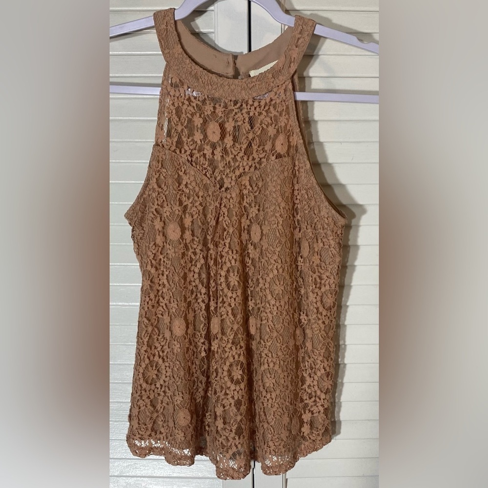Monteau Los Angeles Lace Halter Tank Top, Size S, Blush, Lined Anthropologie
